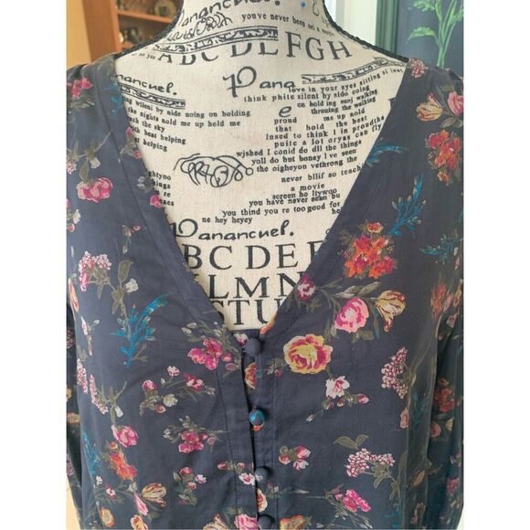 Lucky Brand Womens  Long Sleeve Button-Front Floral Boho Peasant Gray Top - Picture 8 of 9